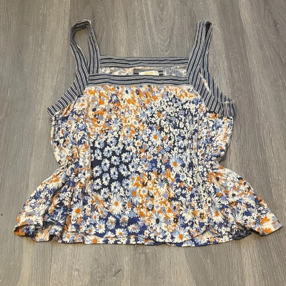 Maeve Navy Floral Striped Tank Top with Orange Accents